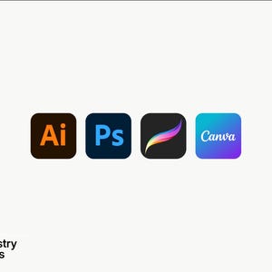 May include: A horizontal row of four square app icons featuring the logos for Adobe Illustrator, Adobe Photoshop, Procreate, and Canva. In the bottom left corner, there is a small black square icon next to the text Industry CADs.