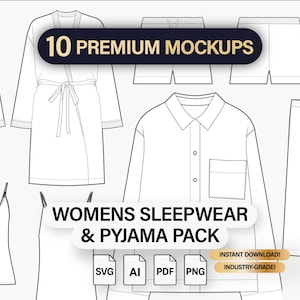 Puede incluir: Un paquete de maquetas digitales con varios diseños de ropa de dormir y pijamas para mujer. La imagen muestra una bata, pantalones cortos, una camisa con botones, pantalones y una camiseta sin mangas. El texto incluye "10 Premium Mockups" y "Womens Sleepwear & Pyjama Pack."
