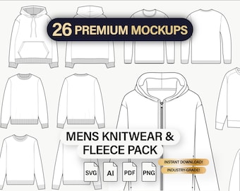 Herren Strickwaren und Fleece Essentials Pack - Premium Vektor Mode Mockups CAD Flache Skizzen für Illustrator, Procreate, Design