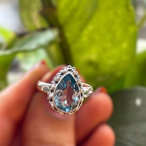 Natural Blue Topaz Pear Cut Ring 925 Sterling Silver December Birthstone Ring Faceted Teardrop Blue Topaz Engagement Ring Jewelry