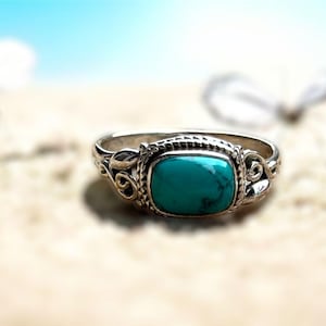 Natural Turquoise Cushion 925 Sterling Silver Ring December Birthstone Handmade  Silver Ring Boho Gemstone Statement Ring Gift for Women