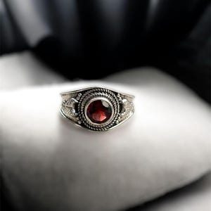 Natural Garnet Round Faceted 925 Sterling Silver Ring | Handmade January Birthstone Ring | Red Gemstone Ring | Boho Statement Jewelry