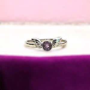 Natural Round Amethyst Faceted 925 Sterling Silver Ring Handmade Angel Wings Design February Birthstone Ring Spiritual Gift Promise Ring