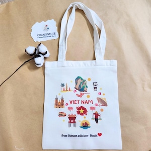 Vietnam Tote Bag – Vietnamese Food & Culture Icons – Handmade Canvas Bag – Vietnam Travel Gift – Illustrated Vietnam Souvenir