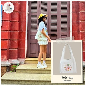 Vietnam Tote Bag – Symbols of Vietnamese Culture – Curved Handle Handmade Canvas Bag – Vietnam Travel Gift – Vietnam Souvenir