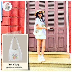 Vietnam Tote Bag – Golden Bridge Ba Na Hills – Curved Handle Handmade Canvas Bag – Vietnam Travel Gift – Illustrated Vietnam Souvenir