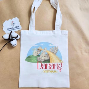 Vietnam Tote Bag – Golden Bridge in Danang – Handmade Canvas Bag – Vietnam Travel Gift – Illustrated Vietnam Souvenir
