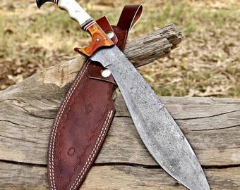 Aangepast Kukri-mes Damascusstaal | Handgesmeed gebogen lemmet | Outdoor jacht camping survivalmes met leren schede | Verzamelcadeau
