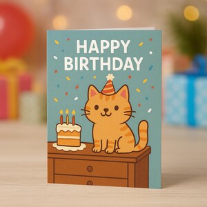 Jolie carte d'anniversaire de chat de dessin animé avec chapeau de fête et gâteau - Salutation amusante pour les enfants ou les amoureux des chats