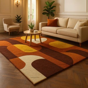 May include: A geometric area rug with a retro design. The rug features a pattern of curved shapes in shades of brown, orange, yellow, and cream. The rug is placed in a living room setting with a sofa, chair, and coffee table.