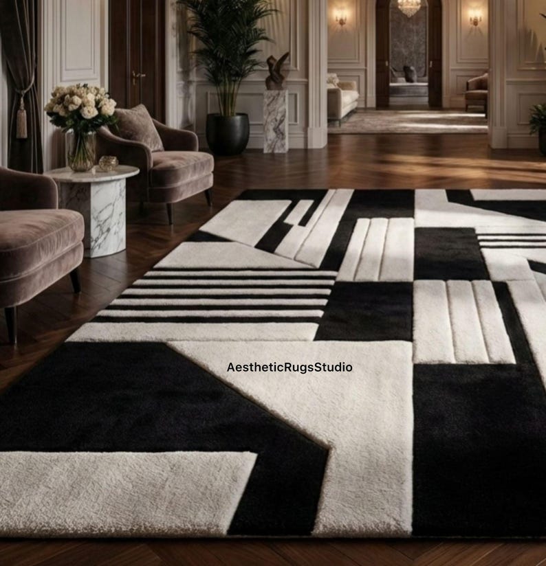 Handmade Rug Black & White Geometric Hand Tufted Rug, Modern Abstract ...