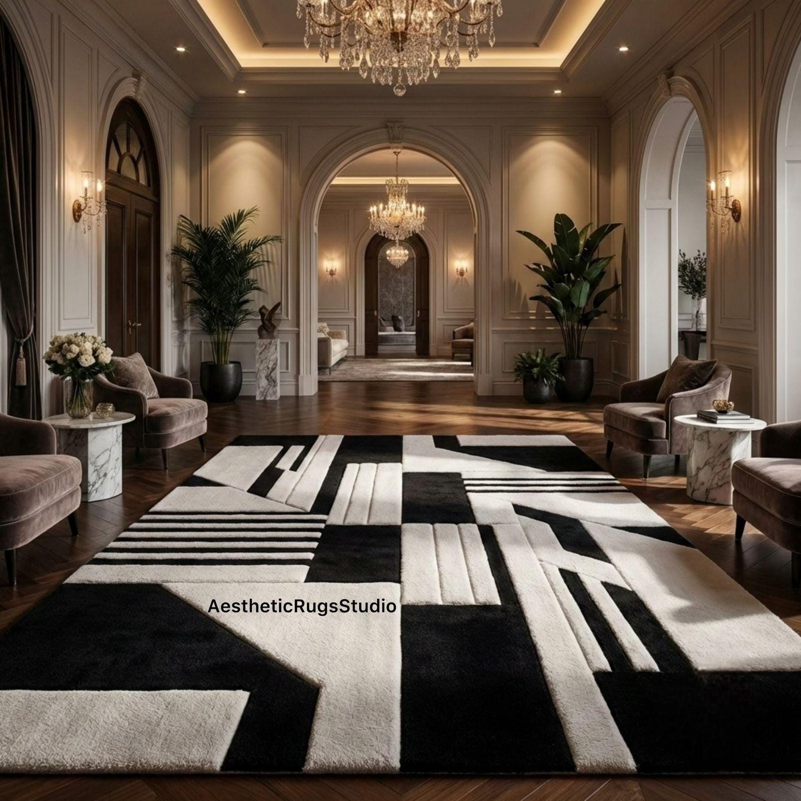 Handmade Rug Black & White Geometric Hand Tufted Rug, Modern Abstract ...