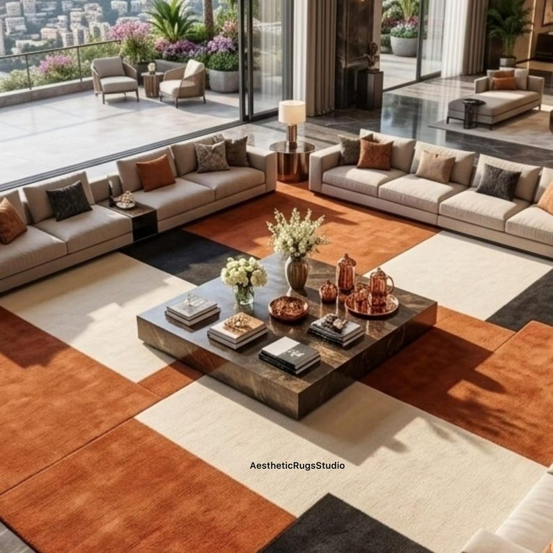 Tangerine Color Rug Hand Tufted Wool Rug, Orange Beige Black Contemporary Area Rug, Luxury ...