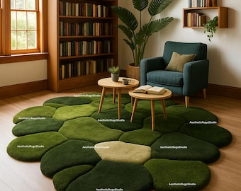 Dywan z zielonego mchu tkany ręcznie | Nieregularny, pluszowy dywan | Inspirowany naturą, 3D, pikowany dywan do salonu i kącika do czytania | Przytulny, organiczny dom