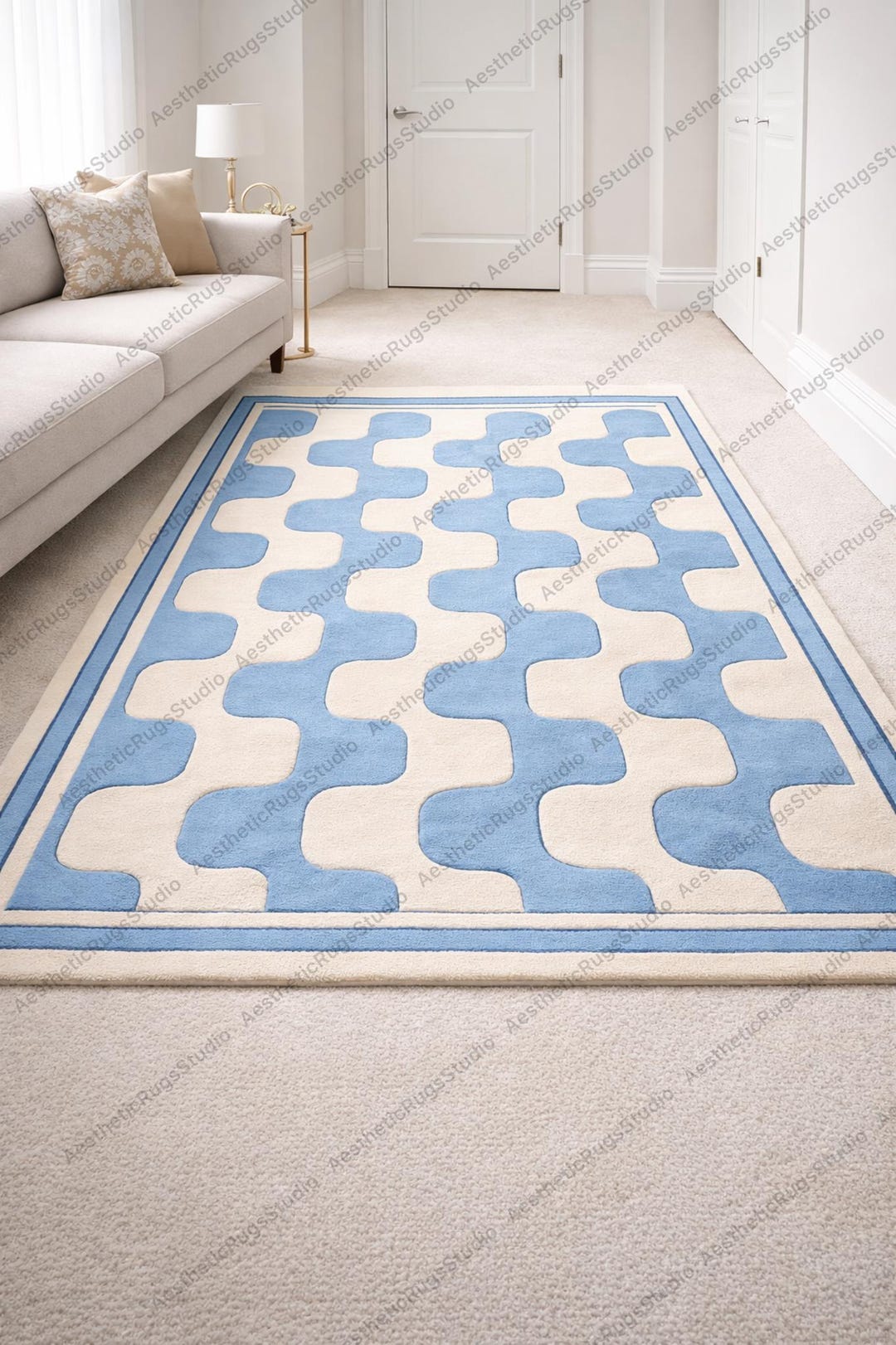 Hand Tufted Blue & Ivory Abstract Area Rug With Border – Modern ...