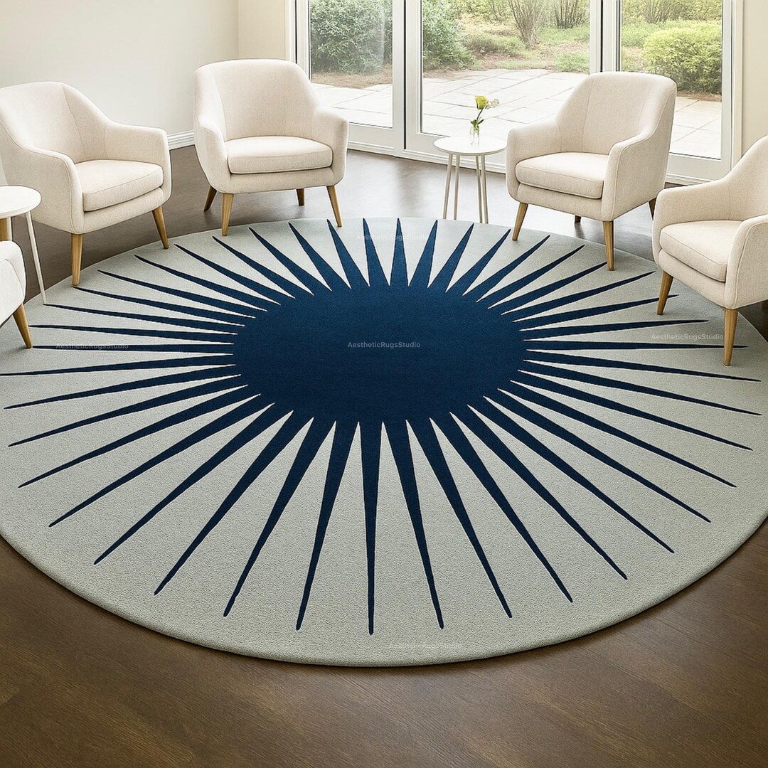 Hand-tufted Modern Blue Circular Rug – Contemporary Geometric Sunburst ...