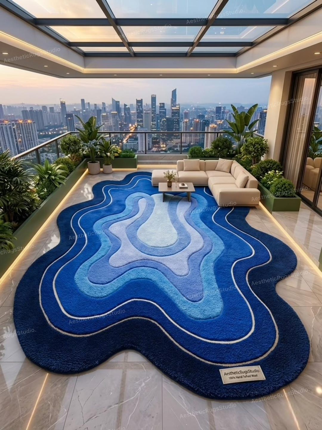 Luxury Blue Abstract Wave Hand Tufted Rug, Irregular Modern Area Carpet ...