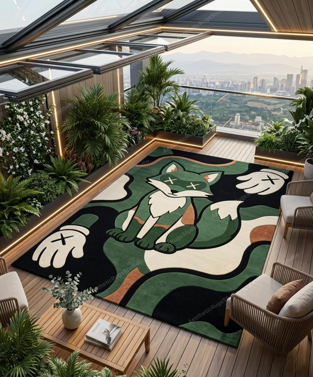 Fox Rug Hand Tufted Rug – Green Black Artistic Animal Design Carpet ...