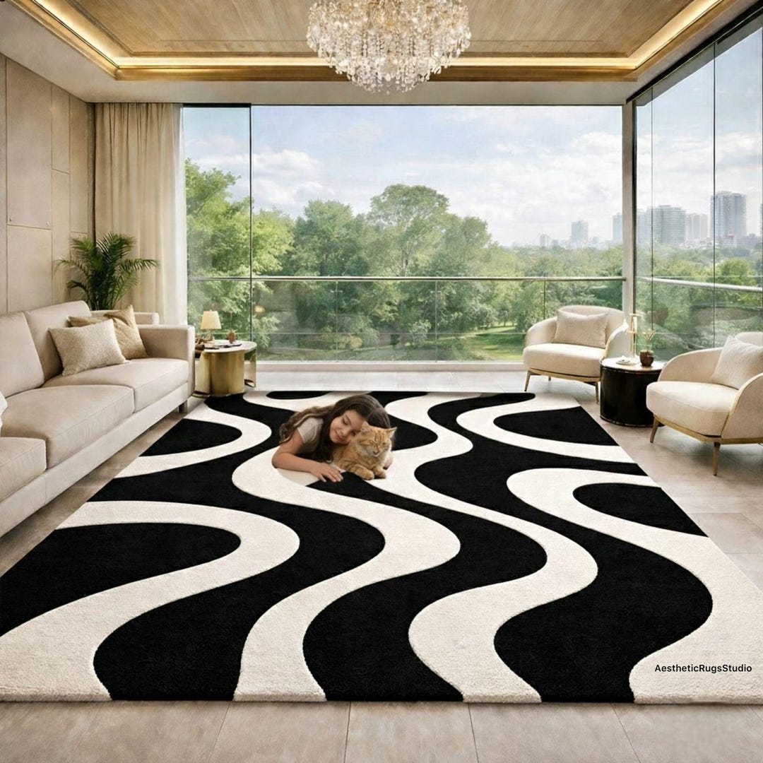 Hand Tufted Wool Rug, Modern Black & White 8x10 Wavy Pattern ...