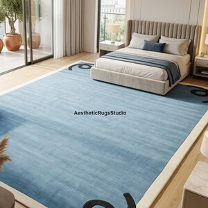 Hand Tufted Wool Area Rug, sky blue Modern Geometric Border Carpet with Black & Ivory Frame, Contemporary Designer Living Room