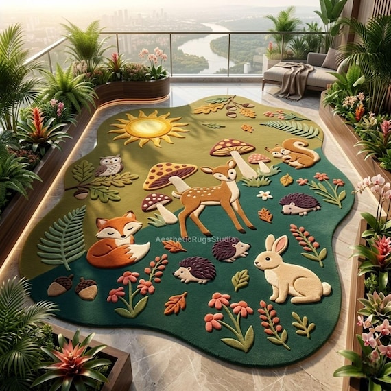 Woodland Nursery Rug, Hand Tufted Wool Area Rug, Kids Forest Animal Carpet, Fox Deer Mushroom Rug, Baby Room Decor, Custom Playroom Rug