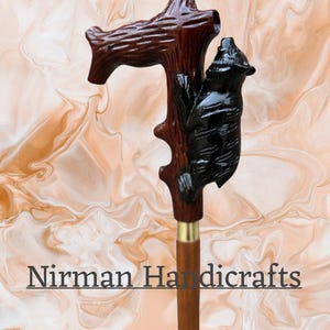 Hand Carved Wooden Walking Cane: Bear Handle, Handmade Ash & Oak