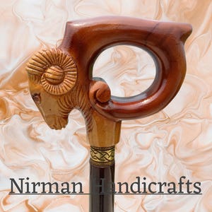 Hand Carved Ram Handle Walking Cane: Handmade Wooden Stick