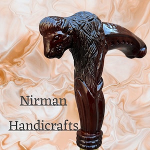 Hand Carved Bull Walking Cane: Handmade Wooden Walking Stick