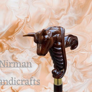 Hand Carved Bull Handle Walking Cane: Handmade Wooden Walking Stick