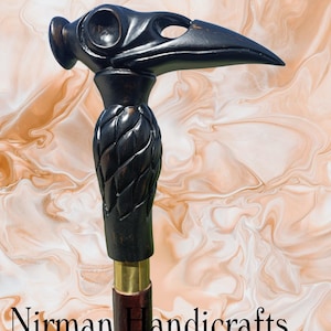 Raven Skull Walking Cane: Hand Carved Wooden Walking Stick