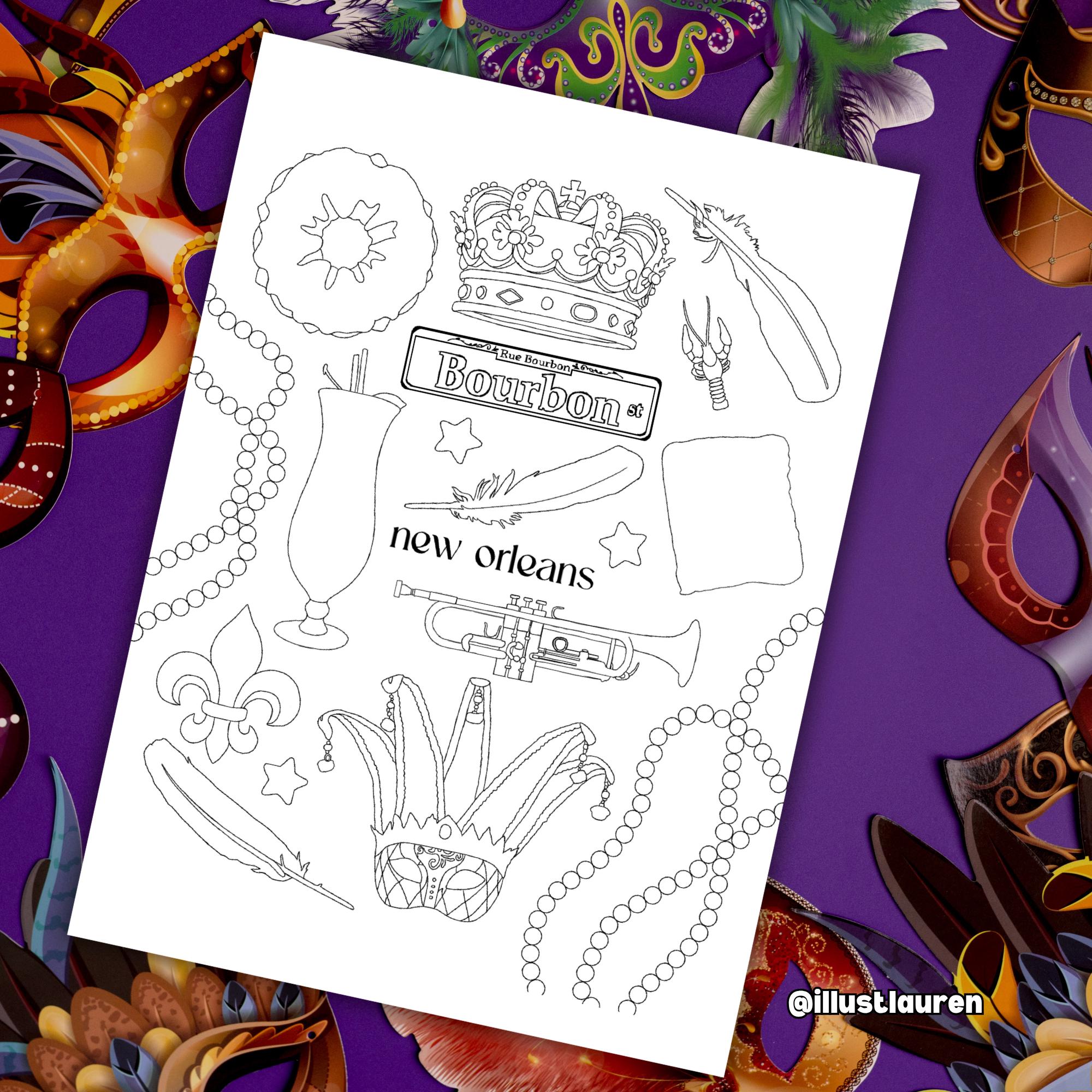 マルディグラのぬり絵（印刷可能なデジタルダウンロード） - Etsy 日本, image size:2000x2000