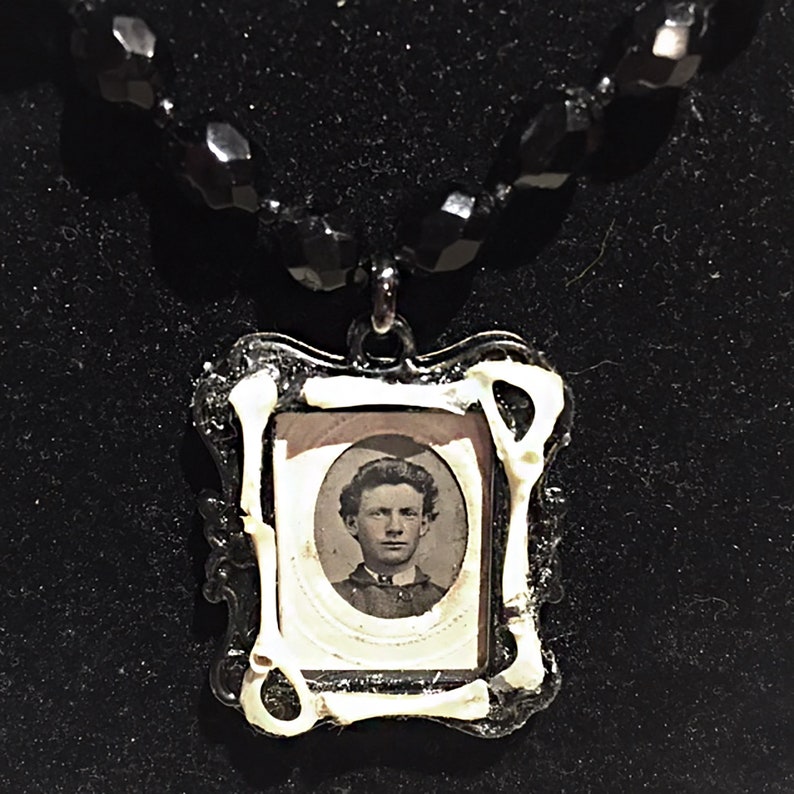 cemetery Goth portrait photograph Victorian bones necklace tintype oddities creepy jewelry Sam pendant antique morbid
