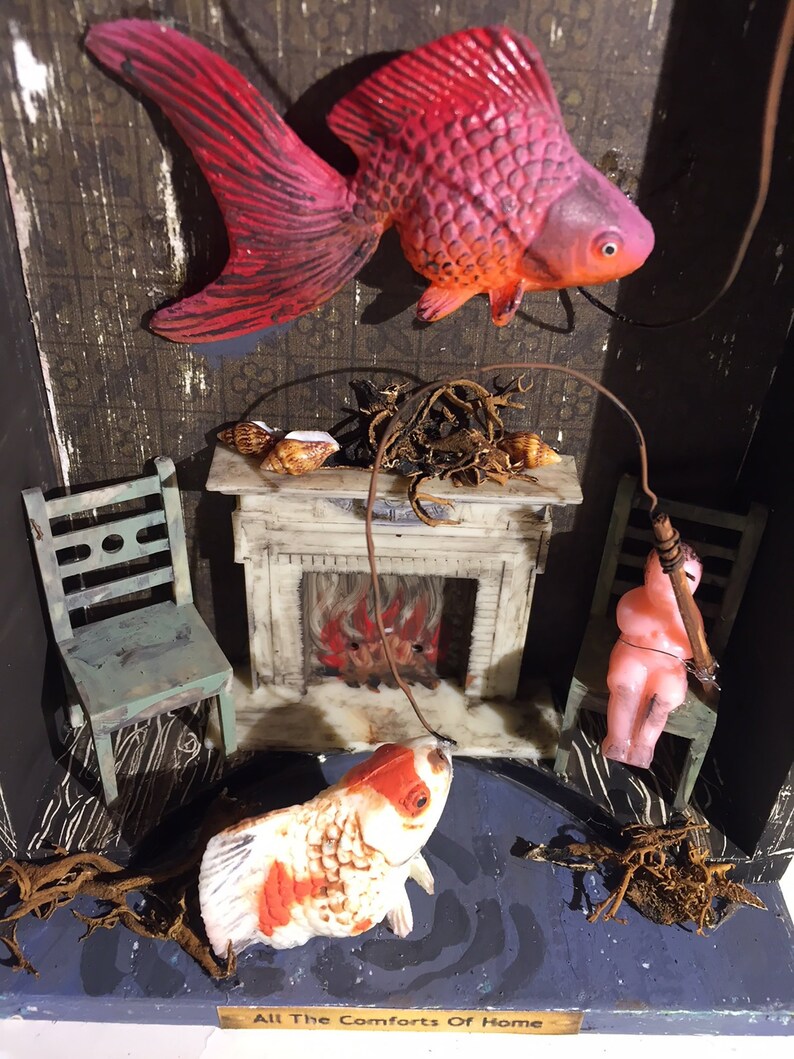 Fishing Diorama Dollhouse Creepy Haunted Vintage Spooky Ooak Assemblage Art Oddities Macabre Minature