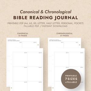 Op de afbeelding: Een afdrukbaar Bijbelleesjournaal met de tekst "Canonical & Chronological BIBLE READING JOURNAL". Beschikbaar in formaten zoals A4 en A5. Biedt invulbare PDF-opties voor direct downloaden. Bevat 61 pagina's voor canonieke en chronologische lezingen.