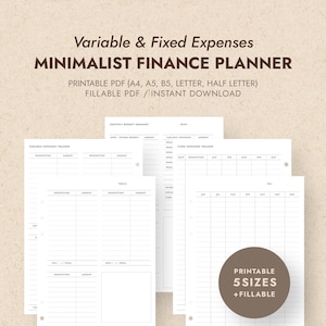 Puede incluir: Un planificador financiero minimalista con el texto "Variable & Fixed Expenses" y "MINIMALIST FINANCE PLANNER". El planificador incluye plantillas PDF imprimibles en varios tamaños, con campos rellenables para el seguimiento de gastos.