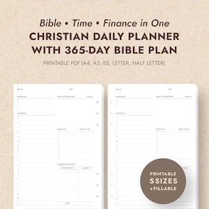 May include: A white Christian daily planner with a 365-day Bible plan. The planner includes sections for daily priorities, schedules, checklists, and expense tracking. The text on the planner reads "Bible • Time • Finance in One CHRISTIAN DAILY PLANNER WITH 365-DAY BIBLE PLAN".