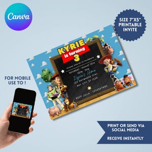 Kids Editable Toy Story Birthday Invitation Template, Printable Birthday Party Invitations, Digital Kids Party Invite Template Bday Card