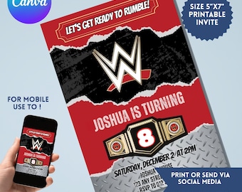 Wrestling-Geburtstags-Einladung: WM-Gürtel, Boxticket (Digitales Template, 13x18cm )
