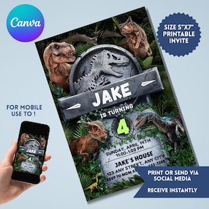 Pode incluir: Um convite imprimível de 5"x7" com tema de dinossauro. O design inclui o nome "Jake" e o número "4", com detalhes para uma festa de aniversário. O convite também inclui o texto "Imprimir ou enviar via mídia social".