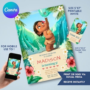 Baby Moana Geburtstagseinladung, bearbeitbare digitale Hawaiian Moana Geburtstag einladen, Kinder Thema Party Einladung, digitale Baby Moana Vorlage