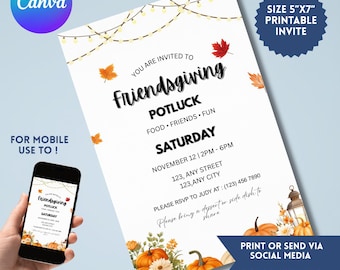 Invitation de repas-partage Friendsgiving, modèle de toile modifiable (téléchargement numérique)