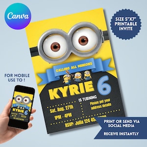 Editable Minions Birthday Invitation, Printable Minions Birthday Invitation Template, Digital Minions Invite, Minions Theme Invite Canva