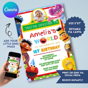 Editable Birthday Invitation, Sesame street Birthday Invitation, Printable Elmo invitation, Kids Instant Download, Canva