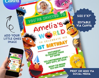 Sesame Street Birthday Invitation: Elmo Printable, Editable Template (5x7, Digital Download, Canva Edit)