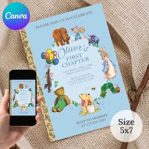 Puede incluir: Una tarjeta de invitación azul claro con ilustraciones de un oso pardo, un conejo, un osito de peluche, una oruga y un mono con globos. El texto dice Oliver's First Chapter, Saturday, April 23rd, from 2pm to 5pm, Skyla's Home, 123 Anywhere Strt, Any City, St 1234, y RSVP to Mommy at 123 456 7890.