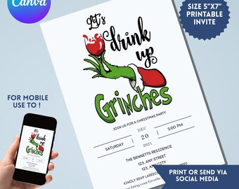 Peut inclure: Une carte d'invitation blanche avec le texte "Let's Drink Up Grinches" en noir et vert, avec un design sur le thème du Grinch. Comprend les détails de l'événement et un appel à l'action pour imprimer ou envoyer via les réseaux sociaux.