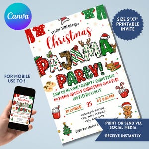May include: A Christmas Pajama Party invitation with festive graphics. The invitation features the text "Christmas Pajama Party!" in colorful letters, along with holiday-themed illustrations. The invitation is 5"x7" and printable.