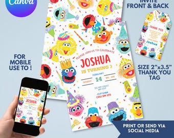 May include: A birthday party invitation and thank you tag featuring colorful cartoon characters. The invitation is 5"x7" and the tag is 2"x3.5". The invitation text reads "Please join us to celebrate Joshua is turning 3" with date and time details.