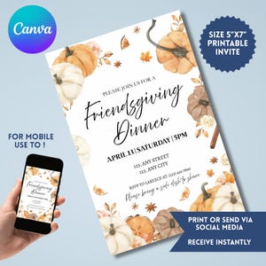 Invitación para cena de Acción de Gracias con amigos, plantilla editable (descarga digital)