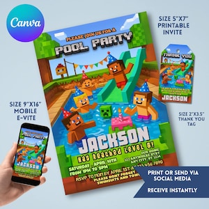 May include: A colorful pool party invitation with pixelated characters, a water slide, and the name "Jackson." Includes a mobile e-vite, a printable invite, and a thank you tag. The invitation is 5"x7" and the tag is 2"x3.5".
